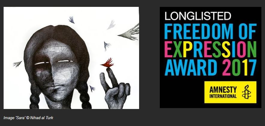 Two images in a black border. On the left, a black and white pencil illustration of a girl with long black hair in plaits making a peace sign and looking off to the right. Small pieces of ash fall around her. On the right, a black background with the yellow Amnesty international logo beneath blue, yellow, pink and green text reading 'Longlisted: Freedom of Expression Award 2017'.
